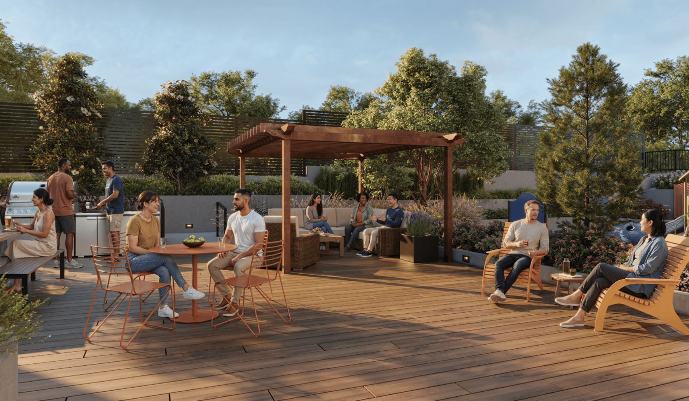 People gather on a landscaped rooftop deck with a wooden pergola, outdoor kitchen, and lounge seating.