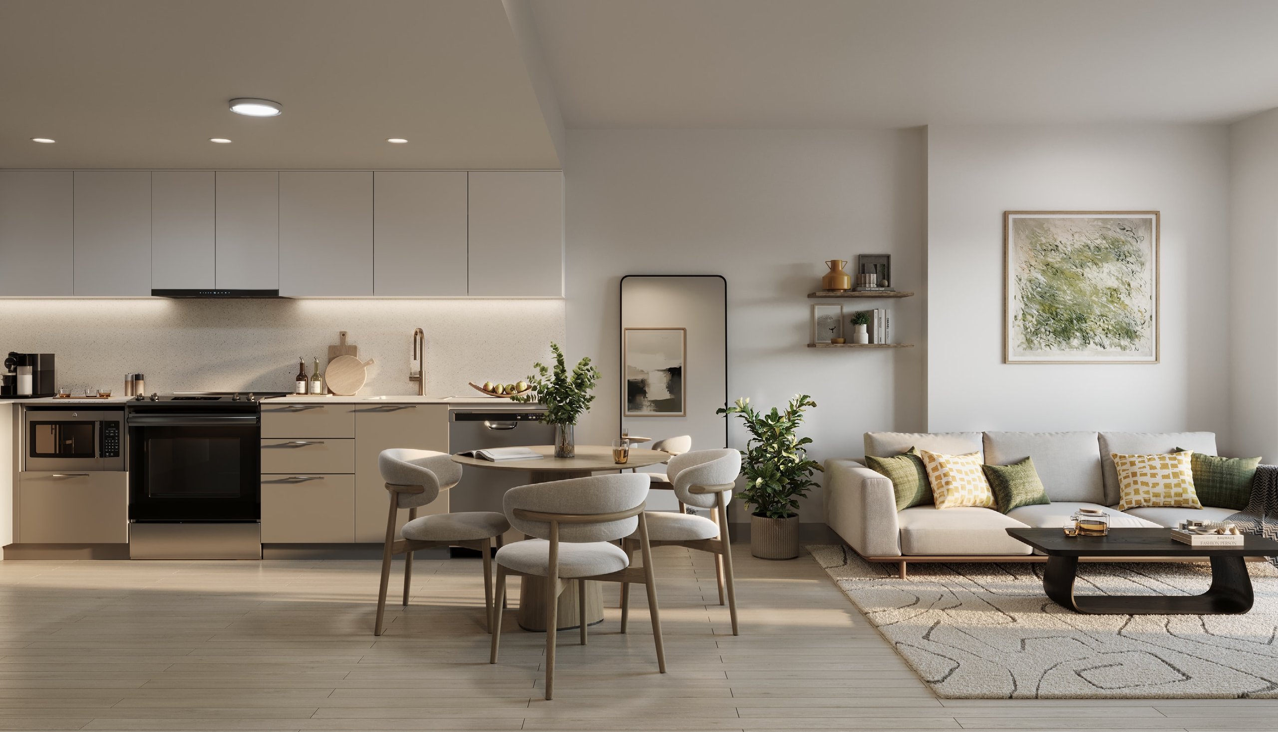 Open-plan apartment with kitchen, dining area, sofa, plants, and warm neutral furnishings.