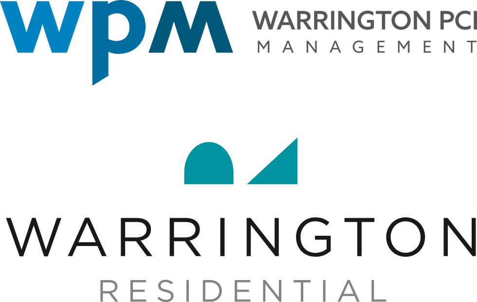 Warrington Residential branding with blue and teal logos and black and gray text on a dark green background.