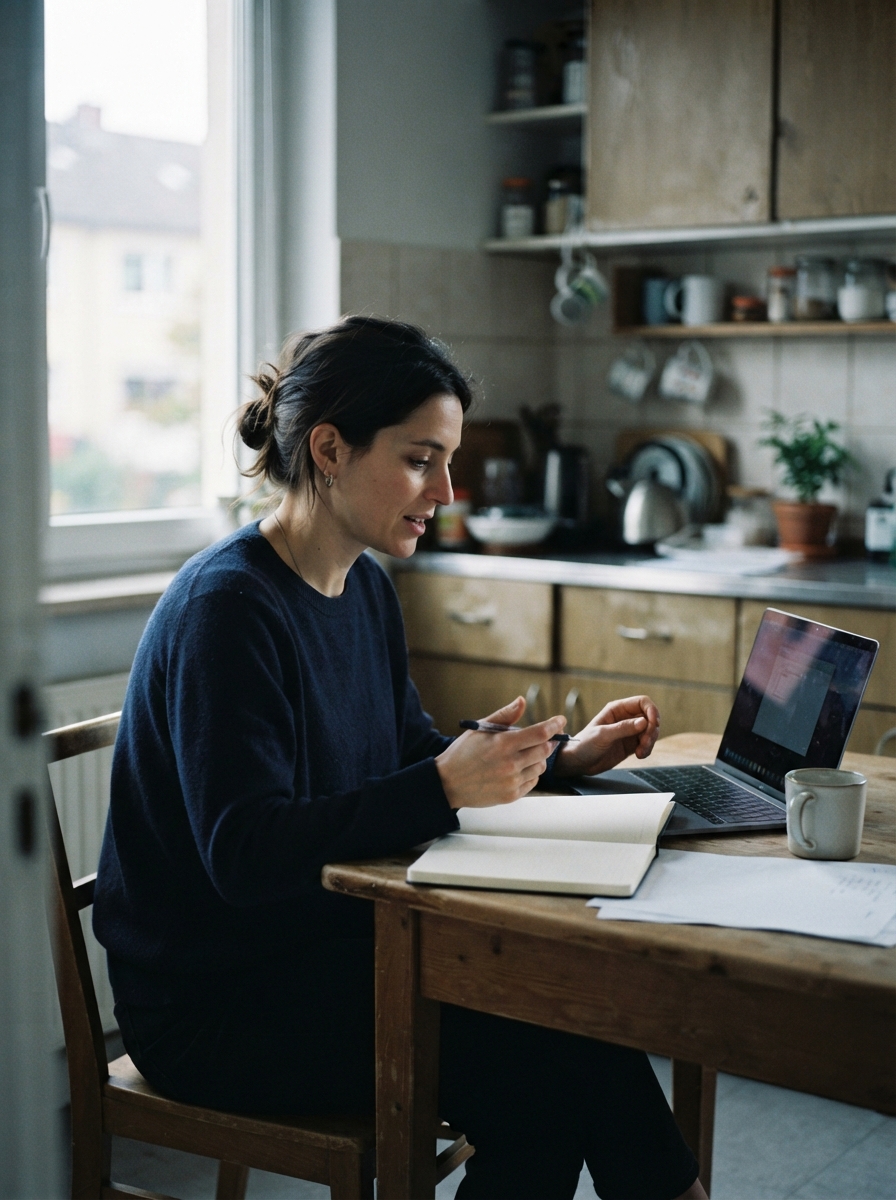 Woman writing beside a laptop at a wooden table in a kitchen.